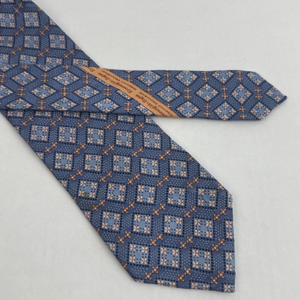 Ermenegildo Zegna Men's Silk Tie Blue Geometric Medallion Italy Designer Lux